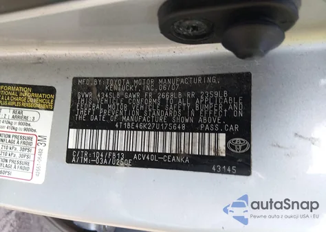 2007 Toyota Camry Le из США, поврежденный, VIN 4T1BE46K27U175648